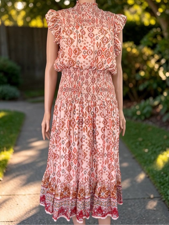 Aqua Dresses & Skirts - AQUA Boho Smocked Cotton Maxi Dress XL Pink Geometric Flutter Sleeve